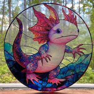 Suncatcher Acrylic Axolotl Salamander 8” Round Faux Stained Glass Decoration New